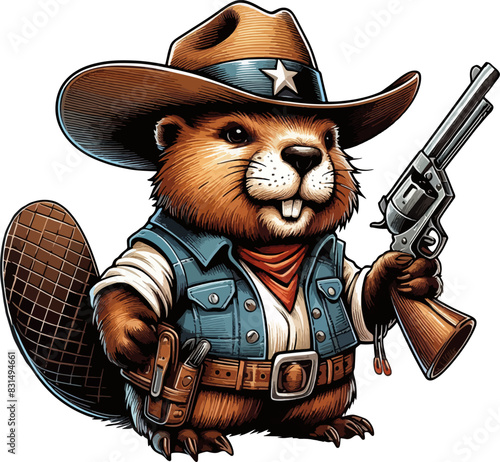 cool vintage beaver in cowboy hat and guns