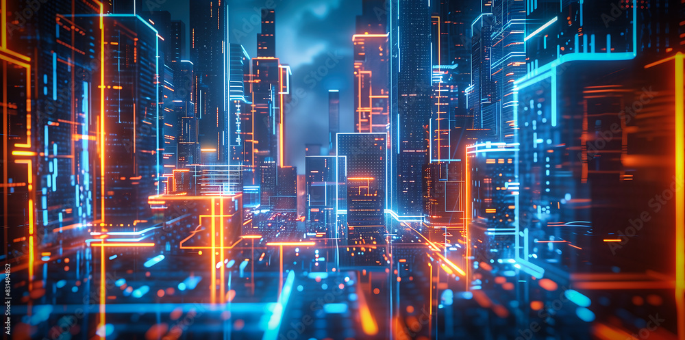 Obraz premium Futuristic Digital Grid with Neon Blue and Orange Light