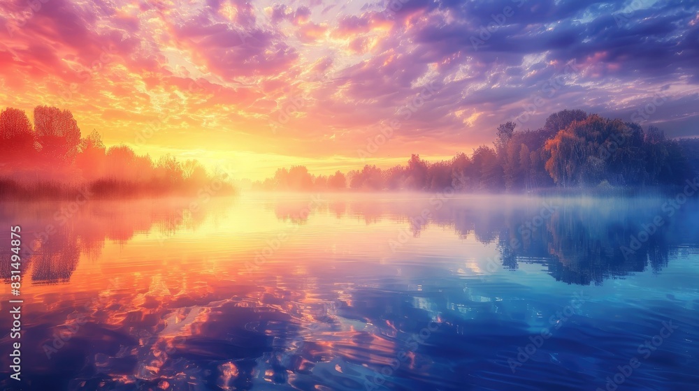Colorful sunrise and mist by the lake