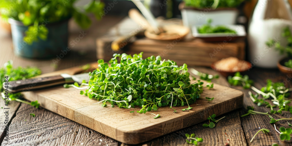 Photo of a cutting board with freshly cut microgreens, knife and other ingredients nearby, rustic kitchen background, bright and natural light, copy space on the right Photo of a cutting board with freshly cut microgreens, knife and other ingredients nearby, rustic kitchen background, bright and natural light, copy space on the right