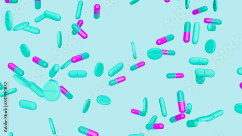 Cyan violet capsules  tablets and pills against blue backdrop. Drugs  pills  tablets  medicine concept. 3d render illustration