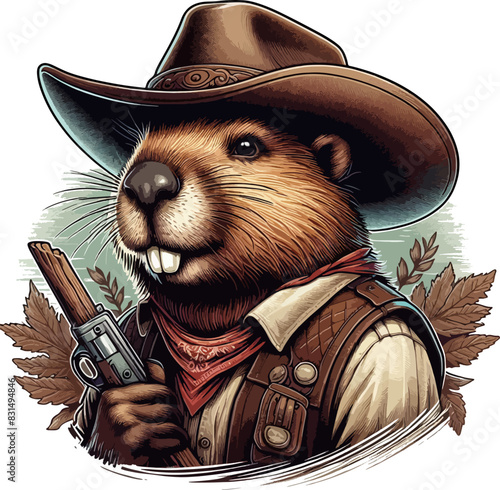 cool vintage beaver in cowboy hat and guns