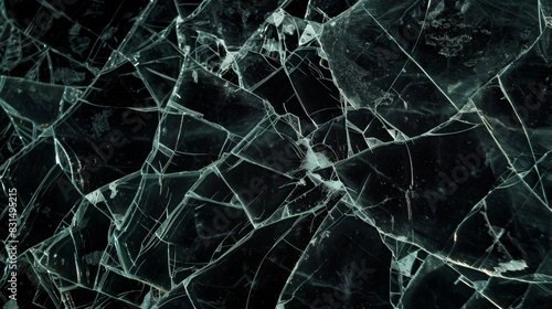 Broken glass cracks texture on black background. Sharp Lines on Clear Glass.