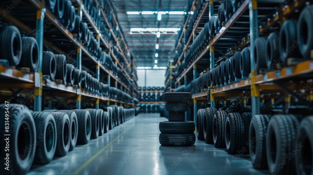 Photograph of rubber tires, stacked in an industrial environment. Stacks of automotive tires in the factory. Photograph of rubber tires, stacked in an industrial environment. Stacks of automotive tires in the factory.