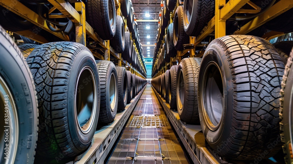Photograph of rubber tires, stacked in an industrial environment. Stacks of automotive tires in the factory. Photograph of rubber tires, stacked in an industrial environment. Stacks of automotive tires in the factory.
