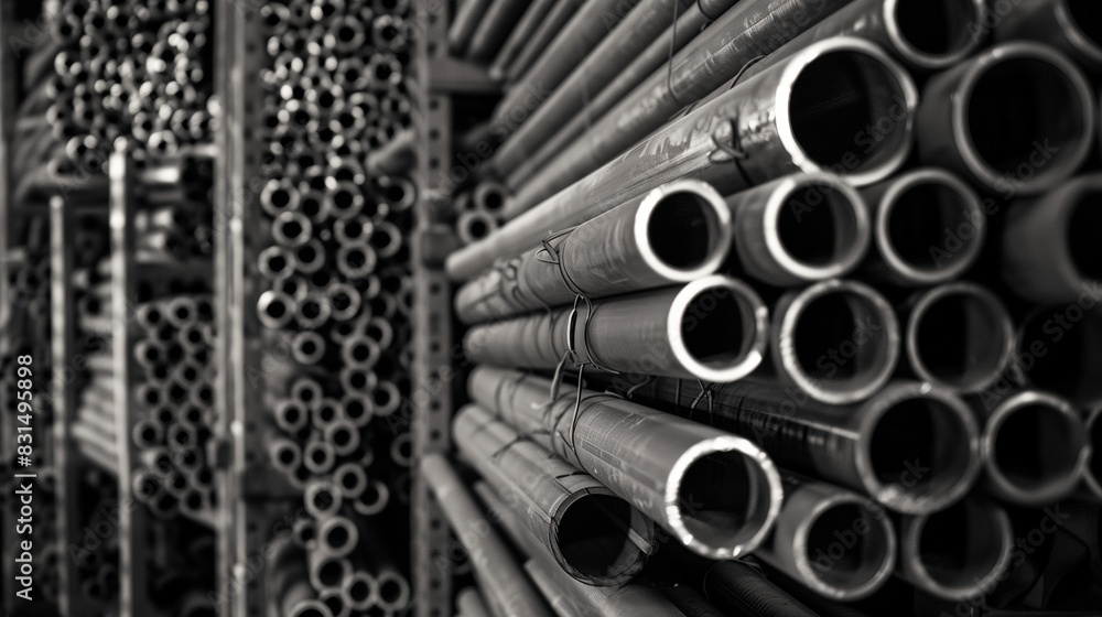 Photograph of steel pipes, arranged in an industrial environment. Bundles of galvanized steel pipes in the factory. Photograph of steel pipes, arranged in an industrial environment. Bundles of galvanized steel pipes in the factory.