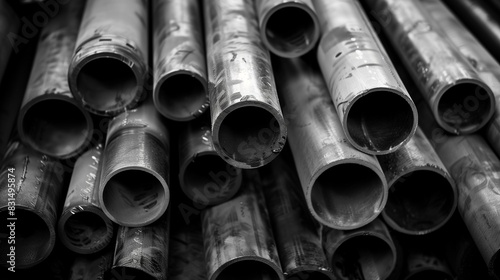 Photograph of steel pipes, arranged in an industrial environment. Bundles of galvanized steel pipes in the factory.