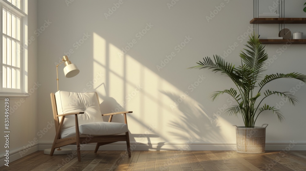 Serene Minimalist Interior with Cozy Armchair and Indoor Plant, Generative AI Serene Minimalist Interior with Cozy Armchair and Indoor Plant, Generative AI