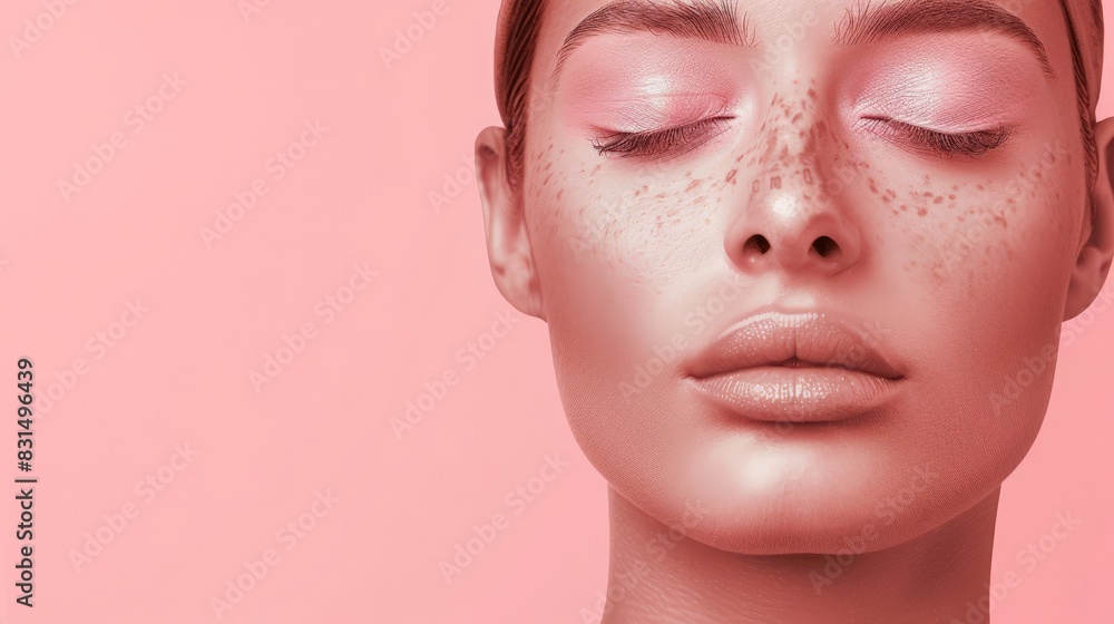 Close-up of a young woman's face with freckles and clear skin against a pink background with eyes closed. Emphasizing natural beauty and relaxation.