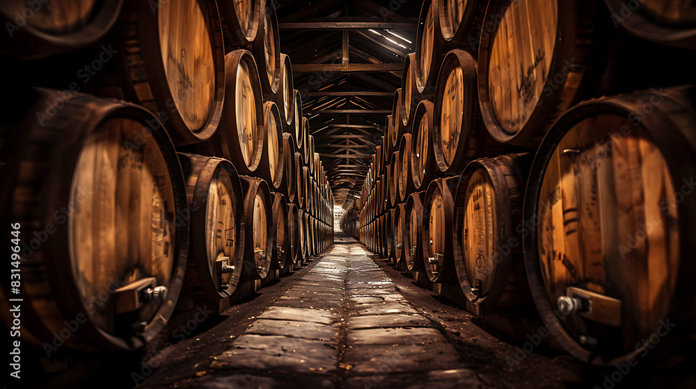 a symmetrical view down the center aisle of a barrel aging room, likely used for aging wine or whiskey. Rows of wooden barrels line both sides of the aisle