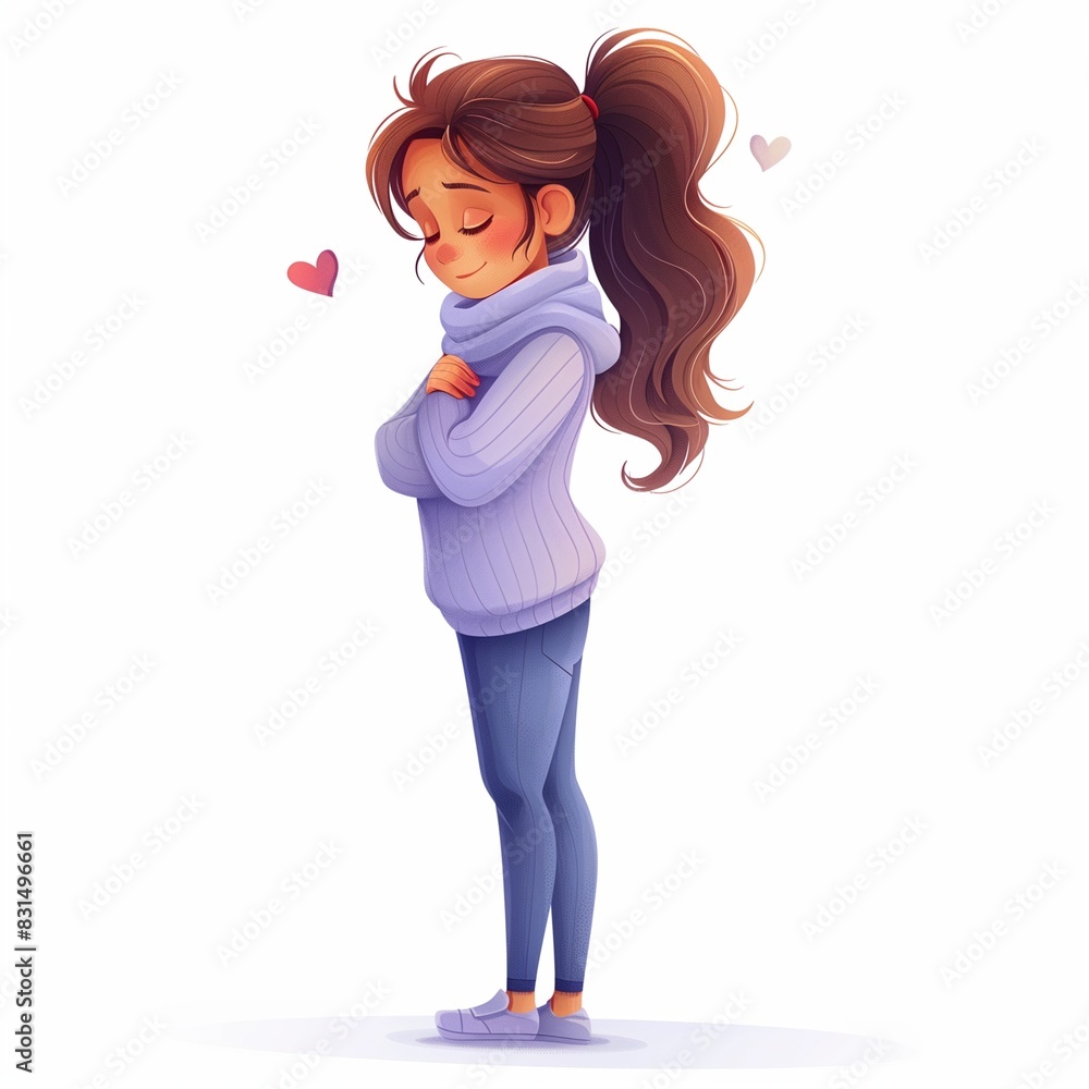 Cartoon. Joyful girl, hugging herself. Self love. High quality photo. Generated by AI Cartoon. Joyful girl, hugging herself. Self love. High quality photo. Generated by AI