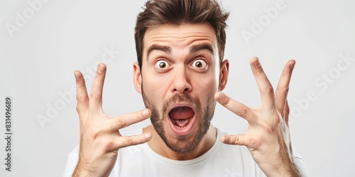 Amazed man with open mouth and hands, gesticulating, surprised and excited, on a white background photo