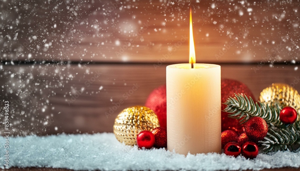 Burning candle, Christmas decoration and wooden background in falling snow Burning candle, Christmas decoration and wooden background in falling snow
