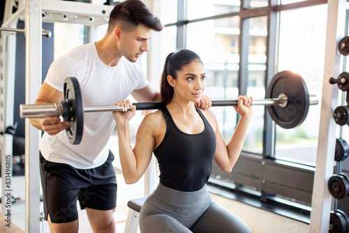 Professional Woman Lifting Weights with Trainer Assistance in Gym