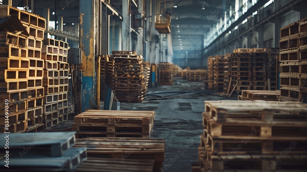 Photograph of wooden pallets, arranged in an industrial environment. Pallets of processed wood in the factory. Photograph of wooden pallets, arranged in an industrial environment. Pallets of processed wood in the factory.