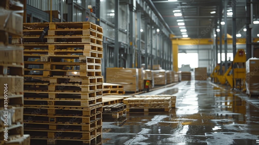 Naklejka premium Photograph of wooden pallets, arranged in an industrial environment. Pallets of processed wood in the factory.