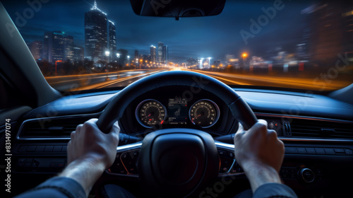 driver is driving car, view from cab of busy street of night city, modern metropolis, skyscrapers, traffic on road, street lights