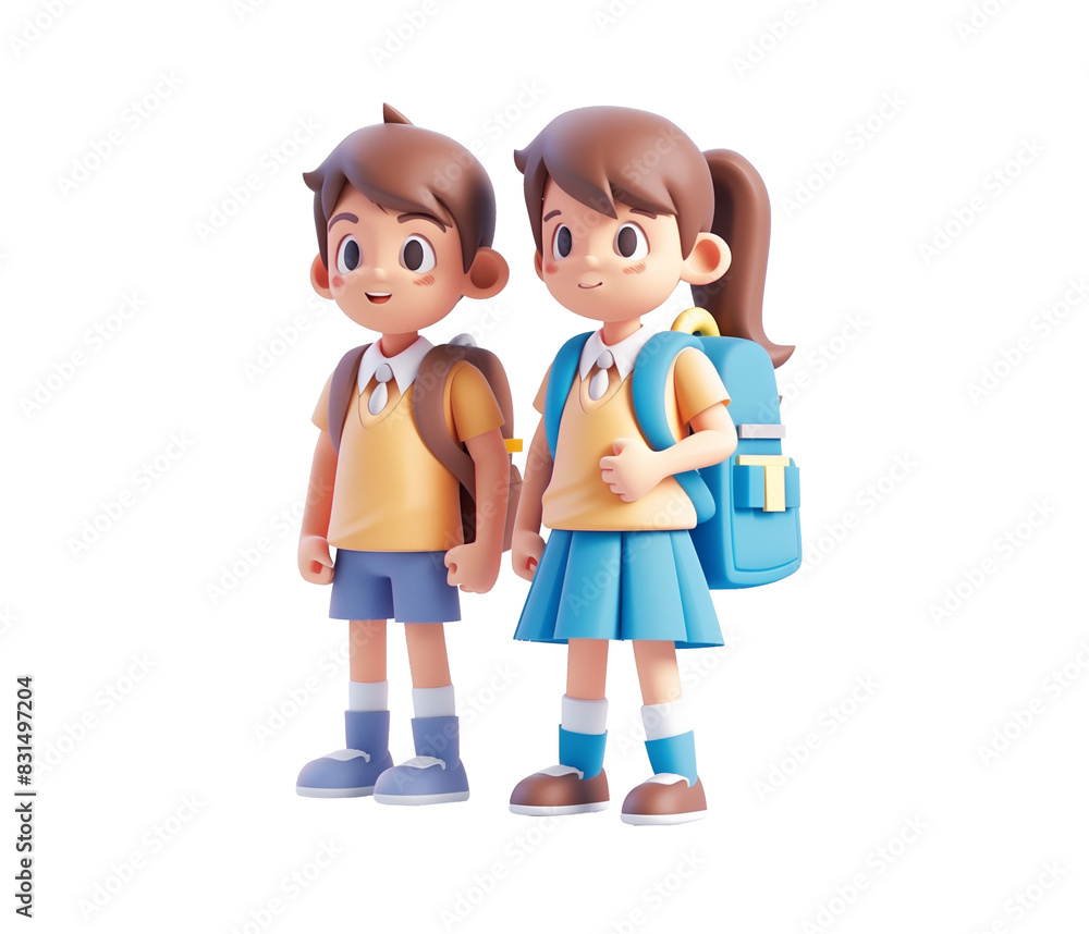 Fototapeta premium 3d render illustration of two kids in school uniform. Transparent background