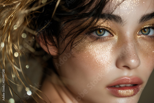 Close up portrait of wan face with green eyes and golden makeup. Selective focus 