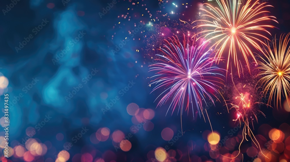 Fototapeta premium Holiday fireworks on blue background with copy space illustration. Independence Day celebration concept
