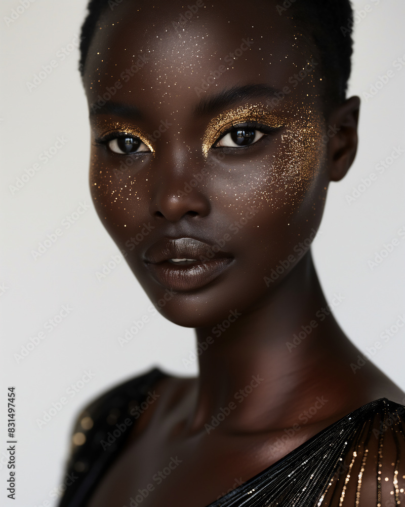 Beautiful smiling black skinned woman model with golden glitter makeup and black dress on white background. Vertical close up portrait. Selective focus Beautiful smiling black skinned woman model with golden glitter makeup and black dress on white background. Vertical close up portrait. Selective focus