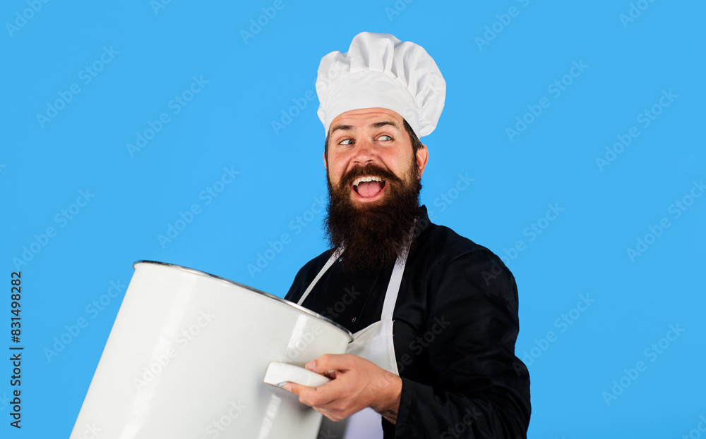 Cooking and culinary. Smiling chef cook in apron with big pot or pan. Happy bearded man in chef hat and uniform with casserole or saucepan. Cookware, dinnerware, kitchenware and kitchen utensils. Cooking and culinary. Smiling chef cook in apron with big pot or pan. Happy bearded man in chef hat and uniform with casserole or saucepan. Cookware, dinnerware, kitchenware and kitchen utensils.