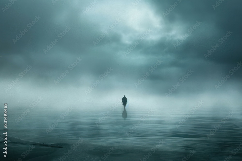 Lone person stands amidst a serene, fogcovered water surface, evoking mystery Lone person stands amidst a serene, fogcovered water surface, evoking mystery