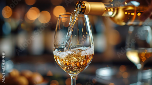 A glass of white wine is poured into a wine glass photo