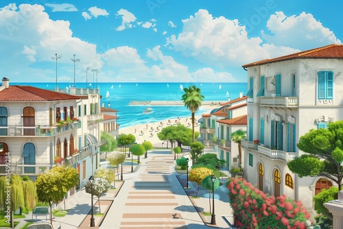 View to beautiful town with main boulevard promenade, seaside beach and Mediterranean sea. photo