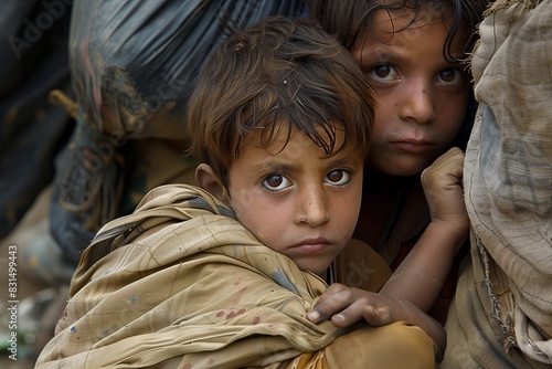 Poor, neglected, dirty children. Poverty, misery, migrants, homeless people, war © ERiK