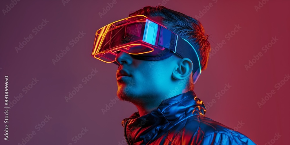 Artistic portrait of a futuristic man wearing a VR headset, backlit by colored lights. Artistic portrait of a futuristic man wearing a VR headset, backlit by colored lights.