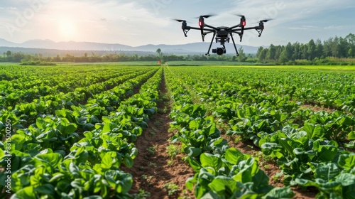 Futuristic agriculture  panoramic landscape with drone pollinators and automated farming machinery photo