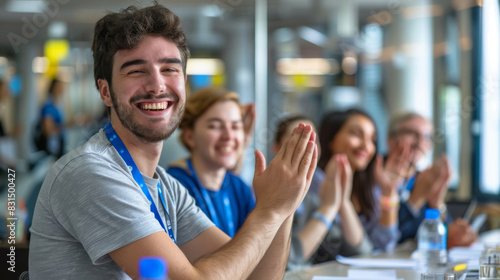 Cheerful attendees clapping hands during a lively conference session