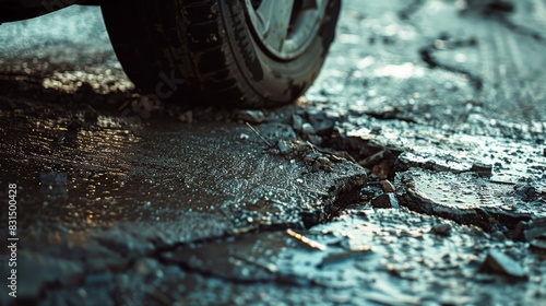Close-up of a car wheel on a bad wet road with cracks in the asphalt