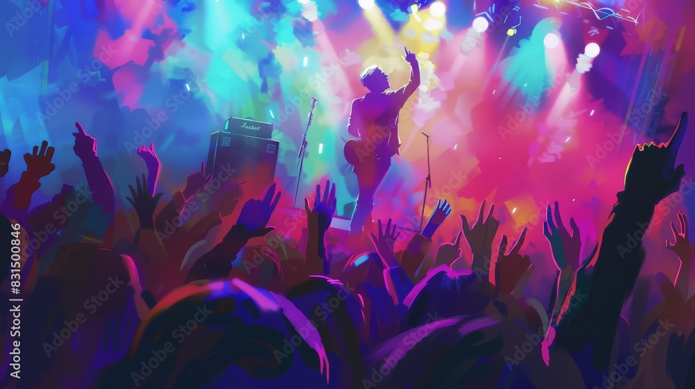 Energetic crowd at a concert, colorful lights and raised hands. Joyful music festival experience.