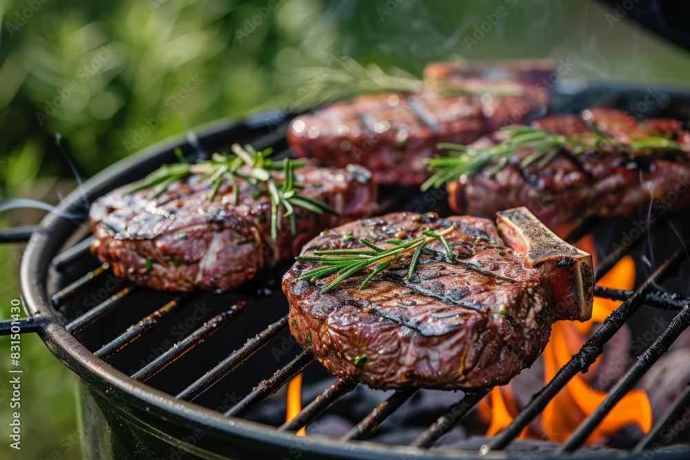 Barbecue garden grill with beef steaks, close-up. Barbecue garden grill with beef steaks, close-up.