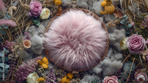 Digital background with fur baby crib and floral decorations, Boho style, composite overlay, round baby basket, dried flowers. photo