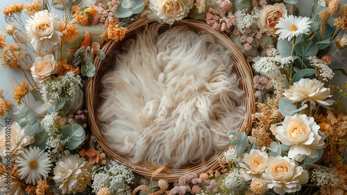 Digital background with fur baby crib and floral decorations, Boho style, composite overlay, round baby basket, dried flowers. photo