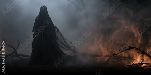 An ominous figure shrouded in smoke makes a dramatic entrance with haunting music. Concept Suspenseful Music, Mysterious Fog, Intriguing Entrance, Dramatic Appearance, Ominous Figure
