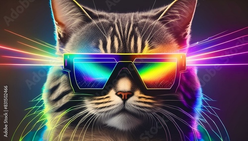 Cat in pixel glasses with rainbow lasers coming out of the eyes