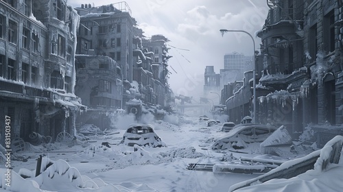 A desolate cityscape with a broken cars in the snow. Nuclear winter concept