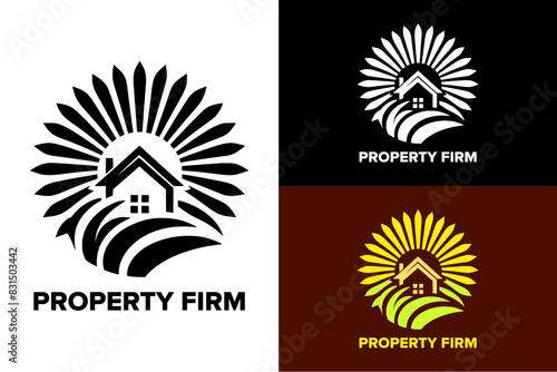 property firm house builders sunburst grass farm home real estate construction company logo design vector silhouette