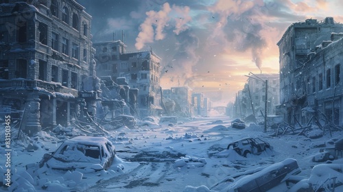 A desolate snowy cityscape with a car in the middle of the street. Nuclear winter concept