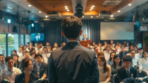 Businessman addressing an audience from behind in a conference room