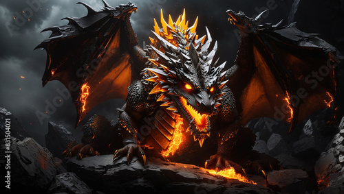 A black dragon with yellow glowing eyes and a yellow and red glowing crown is breathing fire while sitting on a pile of rocks.