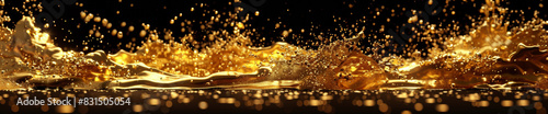 Golden paint explosion,shiny reflections, 3d render, black background 