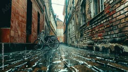   A bike is parked adjacent to a brick wall on the cobblestone alley photo