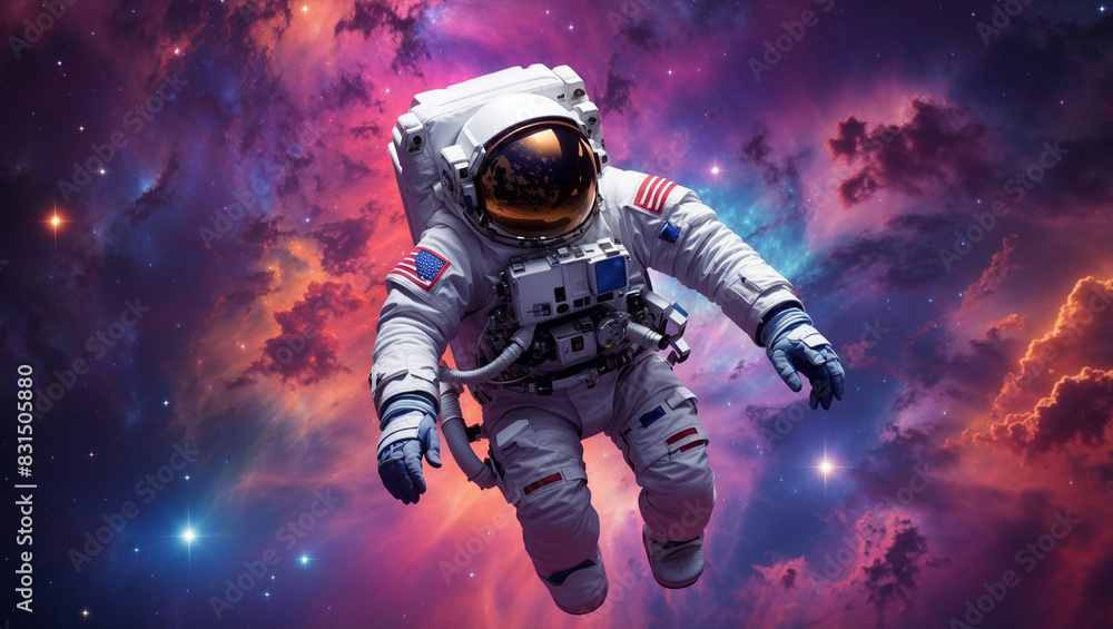 An astronaut is floating in space. There are stars and planets in the background.