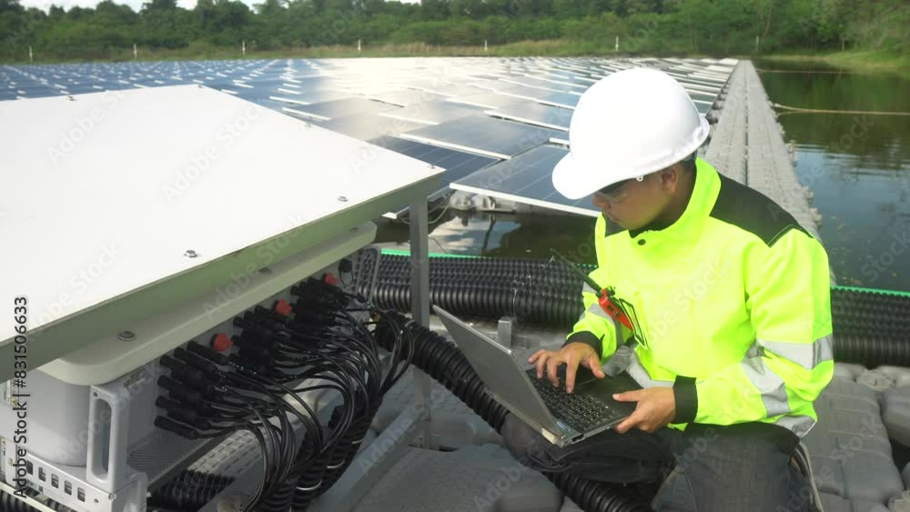 Professional engineer working on checking and maintenance of photovoltaic panel system,Renewable energy source for electricity and power at floating solar cell farm	
