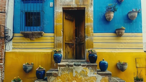  yellow door and window; potted plants outside in blue and yellow
